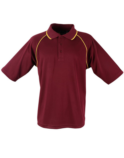 A maroon polo shirt with short sleeves and yellow accents, featuring a collar and buttons, with a logo.