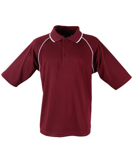 A maroon polo shirt featuring a collar, short sleeves, and white piping, complete with a logo.