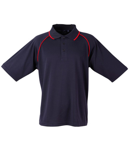A navy polo shirt with red accents, featuring a collar and short sleeves, branded with a logo.