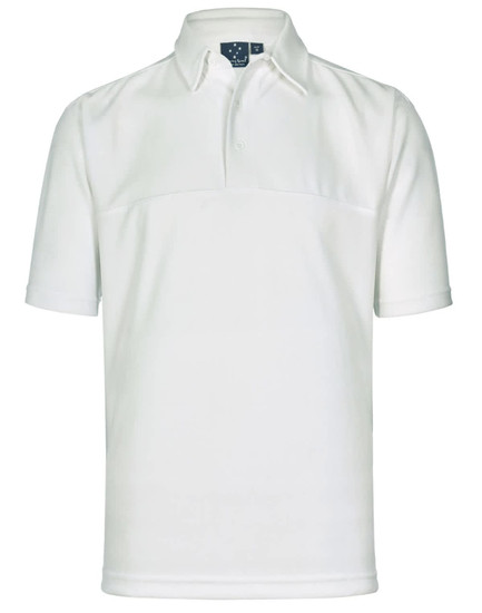 A white polo shirt with a classic collar and short sleeves, featuring a branded logo.