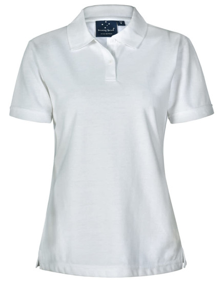 A white ladies' polo shirt with a collar and short sleeves, featuring a logo on the chest.