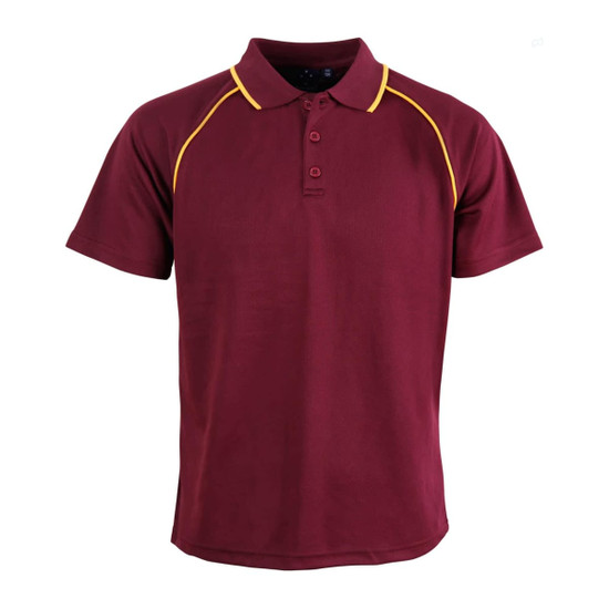A maroon polo shirt with yellow accent detailing and a branding logo on the front.