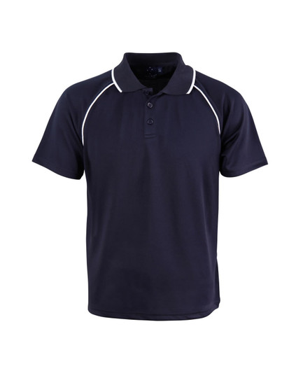 A black polo shirt with white accents and a three-button collar. It features a logo on the chest.