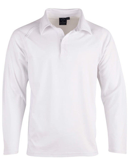 A long-sleeve white cricket polo shirt with a collar and a branding logo.