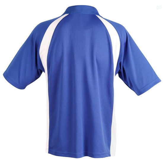 A blue men's polo shirt featuring white side panels and a collar. The shirt has a logo on it.