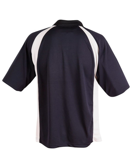 A men's polo shirt in navy blue with white accents and a logo on the back.