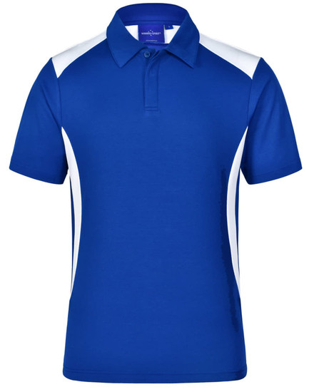 A blue polo shirt featuring white side accents and a collar, with a logo on the chest area.