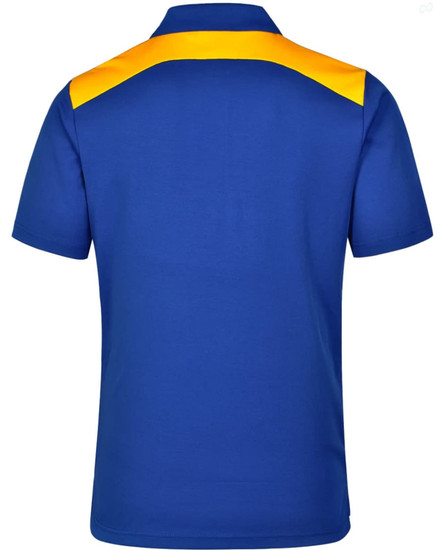 A blue polo shirt featuring an orange-coloured panel across the shoulders, with a logo on the chest.