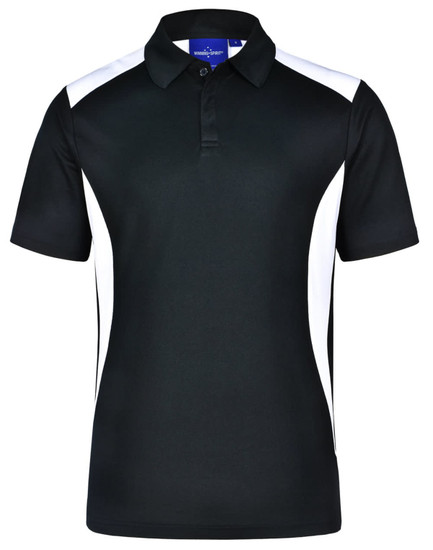 Men's polo shirt in black with white side panels and a collar. Features a logo on the chest area.