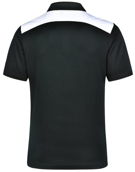 A black polo shirt with a white collar and shoulder detailing. It features a logo on the back.