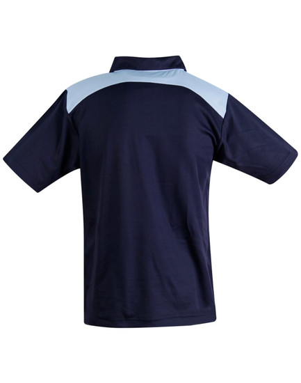 A navy blue polo shirt with a light blue panel on the shoulders and a logo on the back.