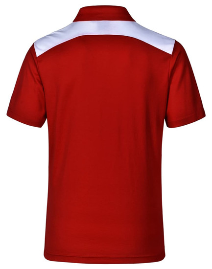 A red men's polo shirt with white accents on the shoulder and a logo on the back.