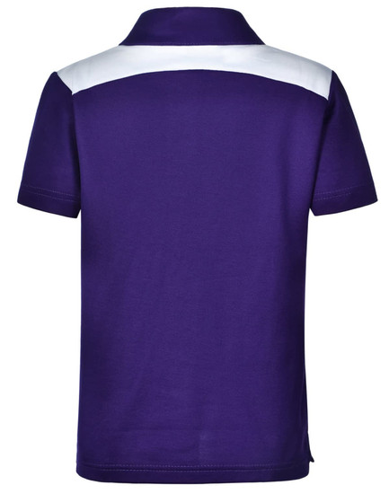 A purple children's polo shirt with a white stripe across the back and a logo.