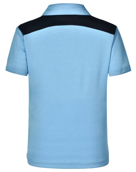 Light blue children's polo shirt with a black shoulder panel and a logo on the back.