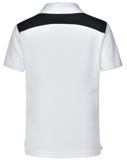 A children's polo shirt in white with a black back panel and a logo.