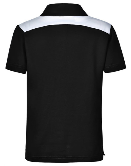 A children's polo shirt in black with a white panel across the shoulders. Features a logo on the front.