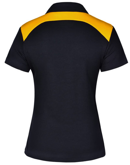 A black ladies' polo shirt with a yellow back panel and a logo on the upper section.
