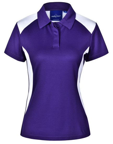 A purple polo shirt with white side panels and a collar, featuring a branding logo on the neck.