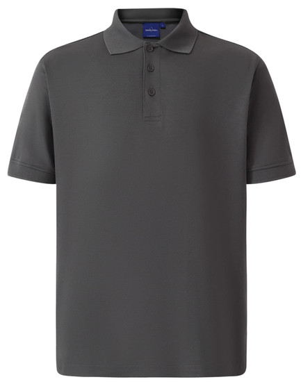 A grey men's polo shirt with short sleeves, featuring a three-button placket and a subtle logo.