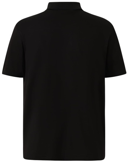 A black men's polo shirt displaying a classic design with short sleeves and a collared neckline. It features a logo.