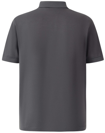 A grey men's polo shirt featuring a collar and short sleeves, with a logo on the back.