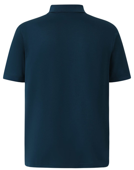 A teal men's polo shirt with a collar and short sleeves, featuring a logo on the back.