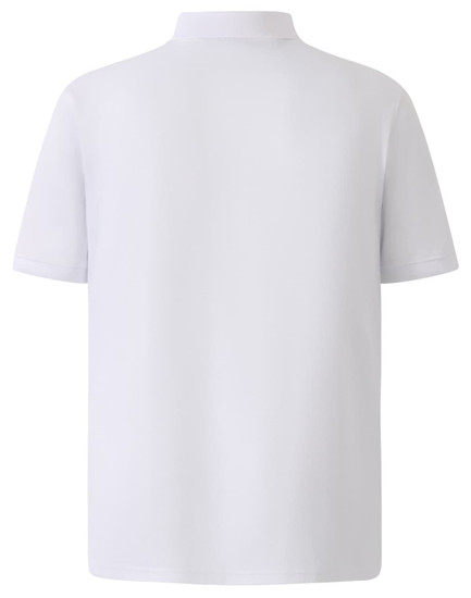 A plain white short-sleeve polo shirt with a collar and no visible branding.