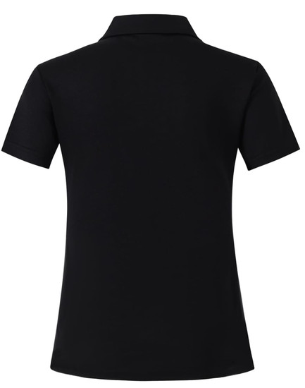A black short sleeve polo shirt featuring a polo collar and a logo on the back.