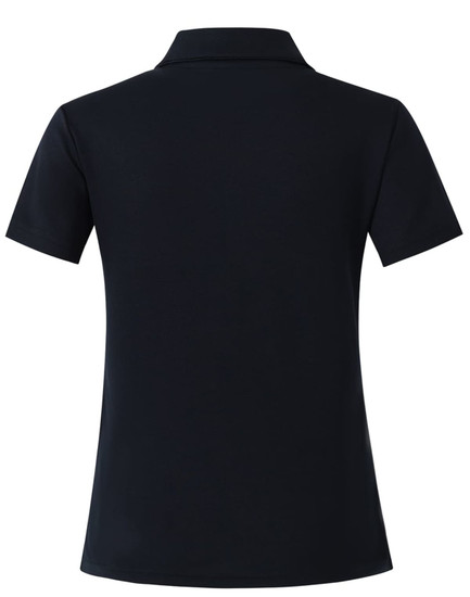 A navy short sleeve polo shirt featuring a sleek design and a logo on the back.