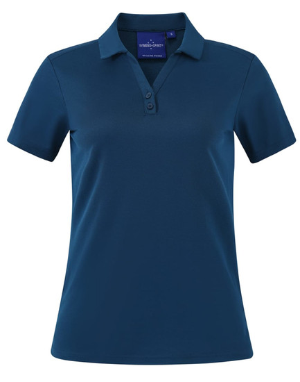 A teal short sleeve polo shirt with a collar and three button placket, featuring a branding logo.