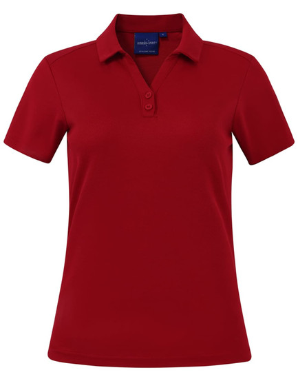 A red women's short sleeve polo shirt with a collar, featuring buttons and a logo.