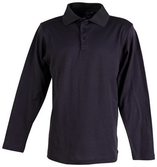 A long sleeve polo shirt in dark navy with a collared neck and a button front. It features branding on the chest.