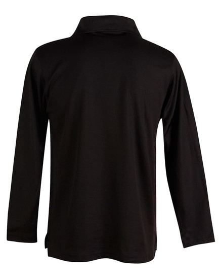 A black long sleeve polo shirt with a collar and a back view. It features a logo.