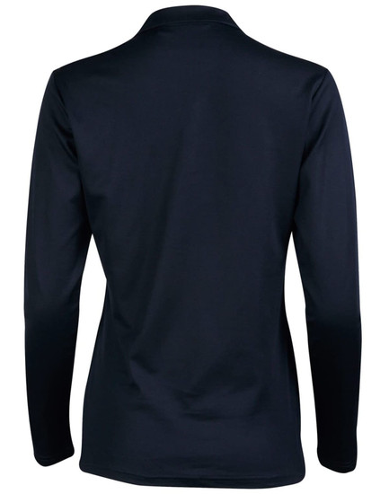 A navy long sleeve polo shirt featuring a smooth back design and a collar. It includes a logo detail.