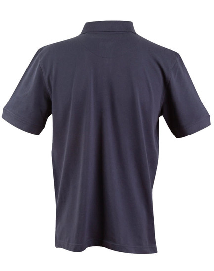 A navy blue men's polo shirt with a classic collar and short sleeves, featuring a logo on the back.