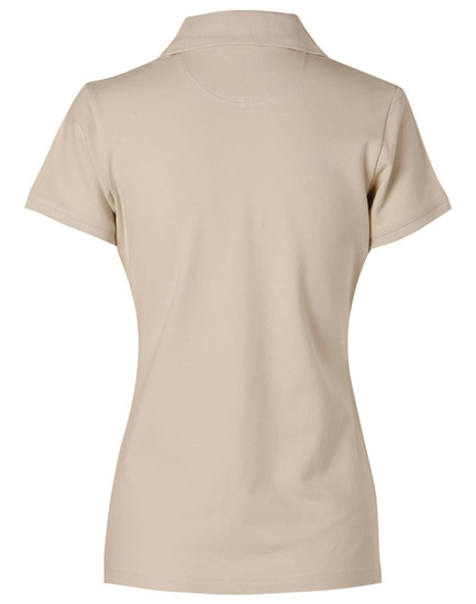A beige ladies' polo shirt featuring a collar and short sleeves, with a logo on the back.