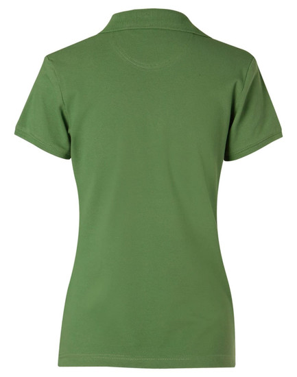 A green ladies' polo shirt featuring a collar and a logo on the back.