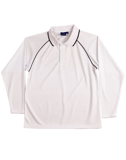 A white long-sleeve polo shirt with black piping and a collar. The shirt features a logo.