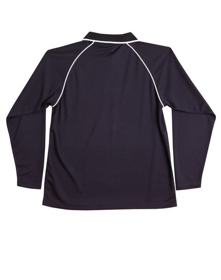 A navy long-sleeved polo shirt featuring contrasting white piping and a collar, with a logo on the back.