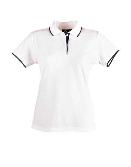 A white polo shirt featuring a collar with navy detailing and a logo.