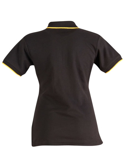 A black polo shirt featuring yellow detailing on the collar and sleeves, with a logo on the back.