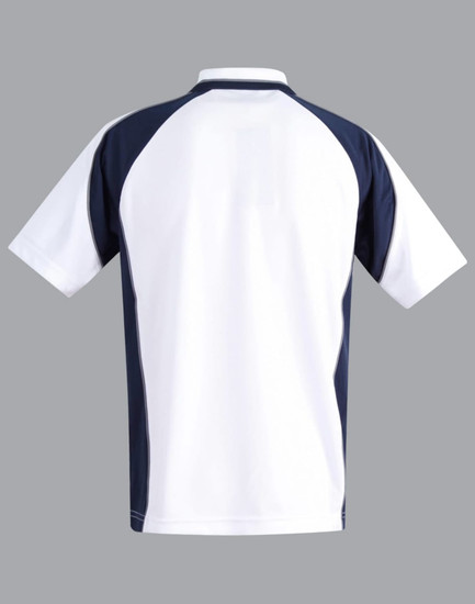 Men's polo shirt featuring a white body with navy blue sleeves and a logo. Back view shown.