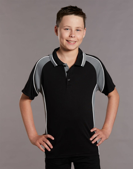 A black kids' polo shirt with grey accents, featuring a collar and short sleeves, has a logo on it.