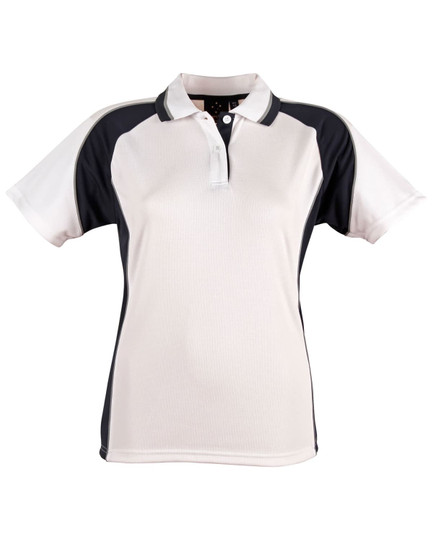 A ladies' polo shirt in white with black accents, featuring a collar and a logo on the front.