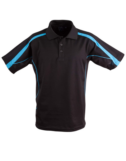 A black polo shirt with blue stripes, featuring a collar and short sleeves, with a logo on the chest.