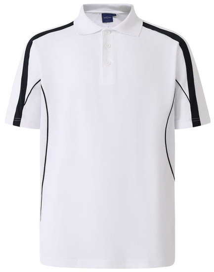 A white short sleeve polo shirt with navy blue side stripes and a logo on the chest.