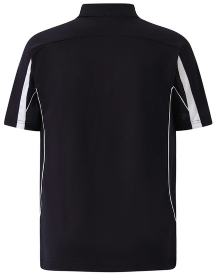 A navy polo shirt featuring a collar and white side accents. Includes a branding logo on the back.