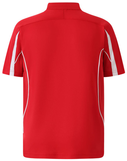 A red polo shirt with white detailing and a logo on the back. Designed for a casual, stylish look.