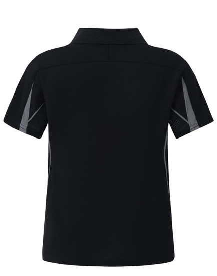 A black polo shirt featuring grey detailing and a logo on the back.