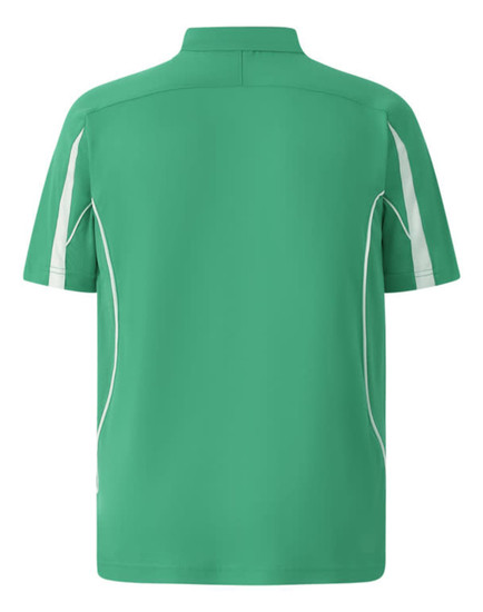 A green men's polo shirt featuring short sleeves and contrasting white piping, with a logo on the back.